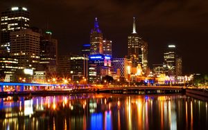 Preview wallpaper melbourne, light, night, bridge, reflection