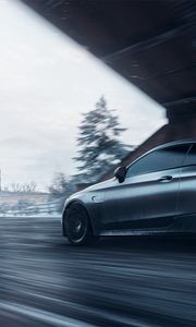 Preview wallpaper mercedes amg c63s, mercedes, sportscar, gray, side view, track, speed