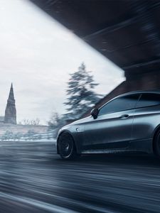 Preview wallpaper mercedes amg c63s, mercedes, sportscar, gray, side view, track, speed