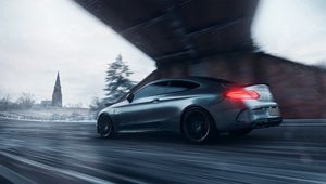 Preview wallpaper mercedes amg c63s, mercedes, sportscar, gray, side view, track, speed