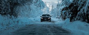 Preview wallpaper mercedes, car, black, road, snow, winter