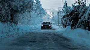 Preview wallpaper mercedes, car, black, road, snow, winter