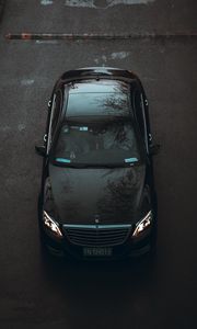 Preview wallpaper mercedes, car, black, aerial view, asphalt