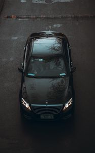 Preview wallpaper mercedes, car, black, aerial view, asphalt