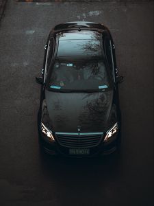 Preview wallpaper mercedes, car, black, aerial view, asphalt