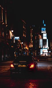 Preview wallpaper mercedes, car, black, road, city, night