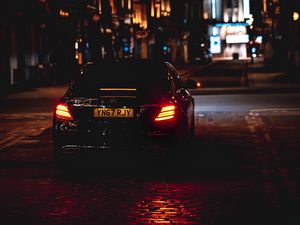 Preview wallpaper mercedes, car, black, road, city, night