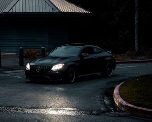 Preview wallpaper mercedes, car, black, road, turn