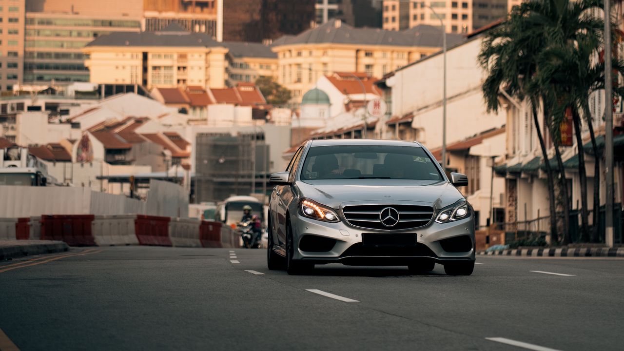 Wallpaper mercedes, car, front view, road, city