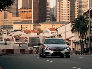 Preview wallpaper mercedes, car, front view, road, city