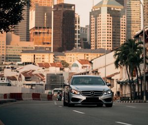 Preview wallpaper mercedes, car, front view, road, city