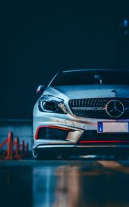 Preview wallpaper mercedes, car, gray, front view, night