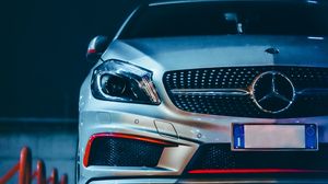 Preview wallpaper mercedes, car, gray, front view, night