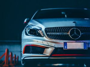 Preview wallpaper mercedes, car, gray, front view, night