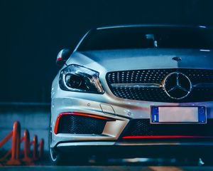 Preview wallpaper mercedes, car, gray, front view, night