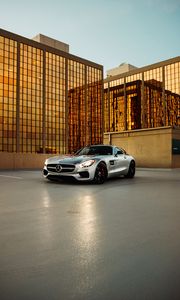 Preview wallpaper mercedes, car, gray, building, parking