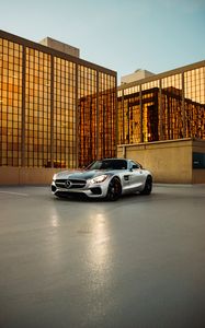 Preview wallpaper mercedes, car, gray, building, parking