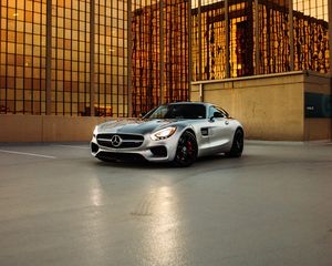 Preview wallpaper mercedes, car, gray, building, parking