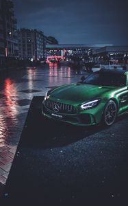 Preview wallpaper mercedes, car, green, wet, sportscar, supercar