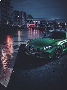 Preview wallpaper mercedes, car, green, wet, sportscar, supercar