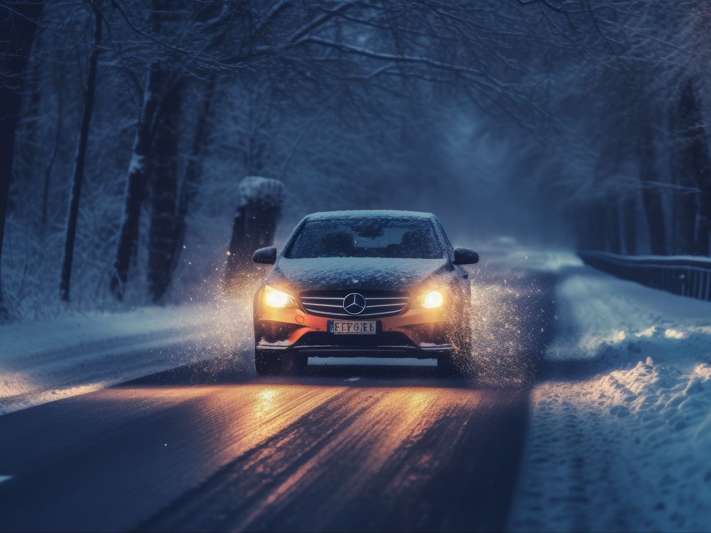 1400x1050 Wallpaper mercedes, car, machine, road, winter, snow