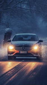 Preview wallpaper mercedes, car, machine, road, winter, snow