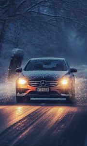 Preview wallpaper mercedes, car, machine, road, winter, snow