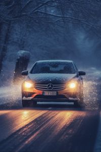 Preview wallpaper mercedes, car, machine, road, winter, snow