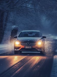 Preview wallpaper mercedes, car, machine, road, winter, snow
