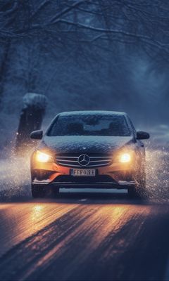 240x400 Wallpaper mercedes, car, machine, road, winter, snow