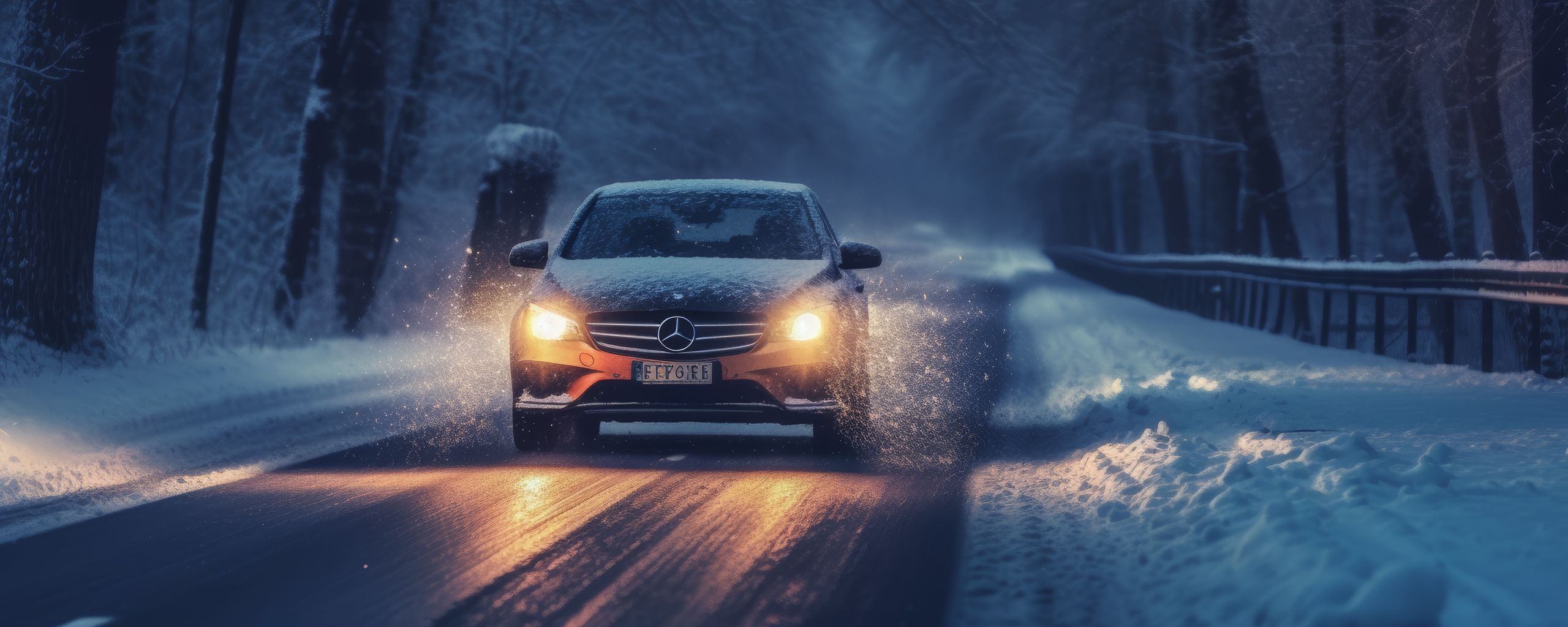 2560x1024 Wallpaper mercedes, car, machine, road, winter, snow