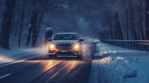 Preview wallpaper mercedes, car, machine, road, winter, snow