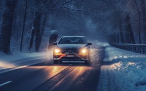 Preview wallpaper mercedes, car, machine, road, winter, snow