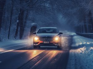 Preview wallpaper mercedes, car, machine, road, winter, snow