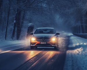 Preview wallpaper mercedes, car, machine, road, winter, snow