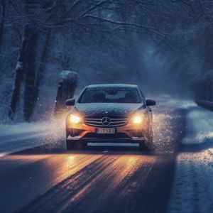 Preview wallpaper mercedes, car, machine, road, winter, snow