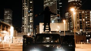 Preview wallpaper mercedes, car, man, freedom, free, city, night
