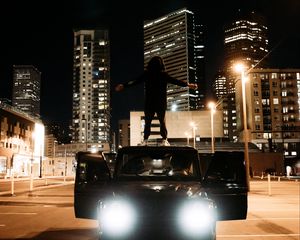 Preview wallpaper mercedes, car, man, freedom, free, city, night