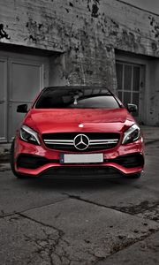 Preview wallpaper mercedes, car, red, front view, building, gray