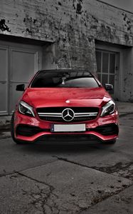 Preview wallpaper mercedes, car, red, front view, building, gray