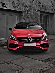Preview wallpaper mercedes, car, red, front view, building, gray