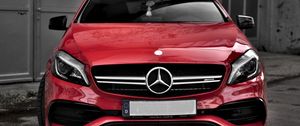 Preview wallpaper mercedes, car, red, front view, building, gray