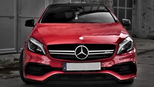 Preview wallpaper mercedes, car, red, front view, building, gray