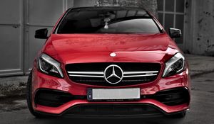 Preview wallpaper mercedes, car, red, front view, building, gray