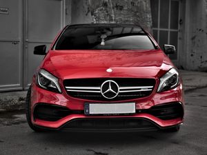 Preview wallpaper mercedes, car, red, front view, building, gray