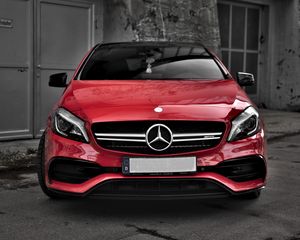 Preview wallpaper mercedes, car, red, front view, building, gray