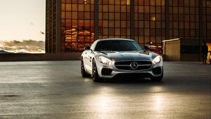 Preview wallpaper mercedes, car, silver, parking, building