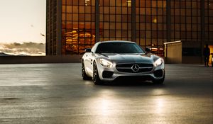 Preview wallpaper mercedes, car, silver, parking, building