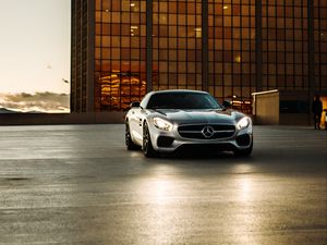 Preview wallpaper mercedes, car, silver, parking, building