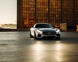 Preview wallpaper mercedes, car, silver, parking, building